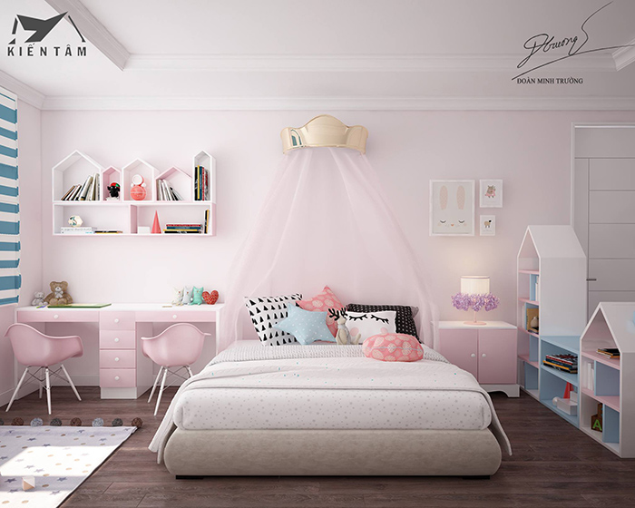 Phòng ngủ cho bé gái màu xanh và màu hồng view 1