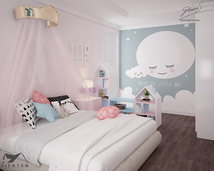 Phòng ngủ cho bé gái màu xanh và màu hồng view 2