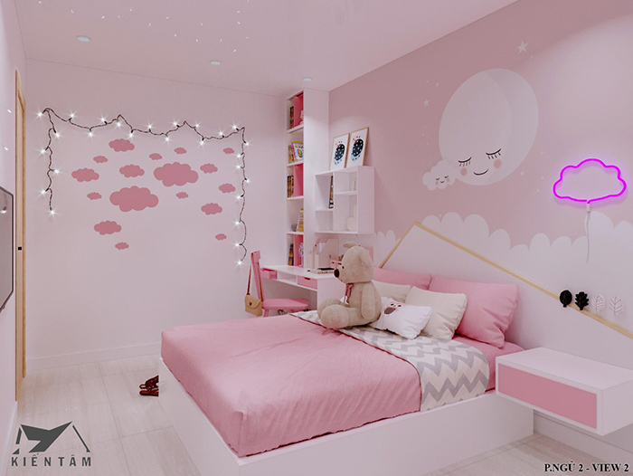 Phòng ngủ cho bé gái màu hồng view 2