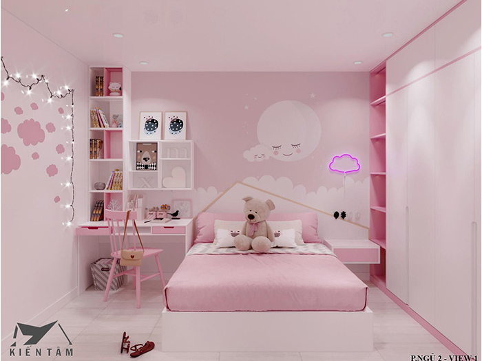 Phòng ngủ cho bé gái màu hồng view 1