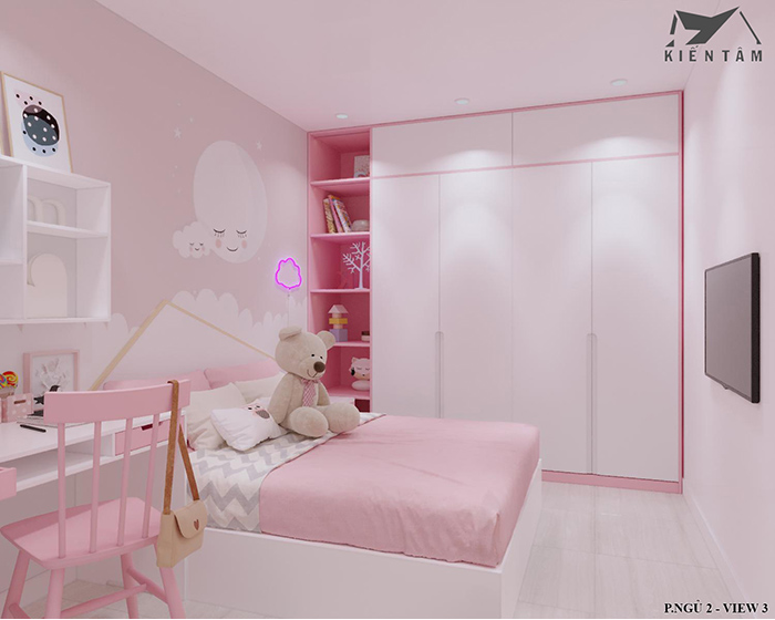 Phòng ngủ cho bé gái màu hồng view 3