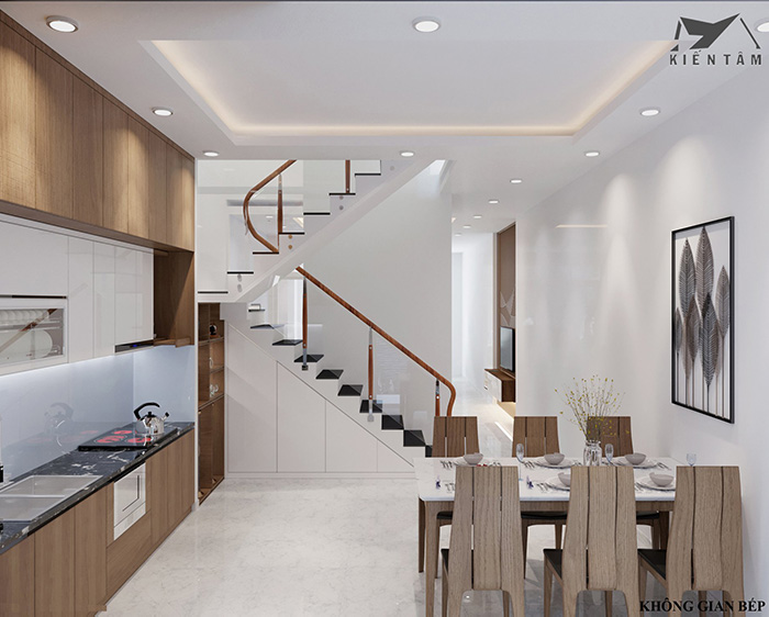 Thiết kế bếp và cầu thang chung phòng ăn