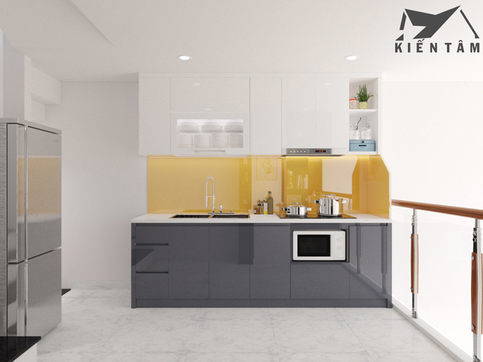 Khu vực Bếp được bố trí ở tầng lửng giúp tăng không gian sủ dụng cho ngôi nhà